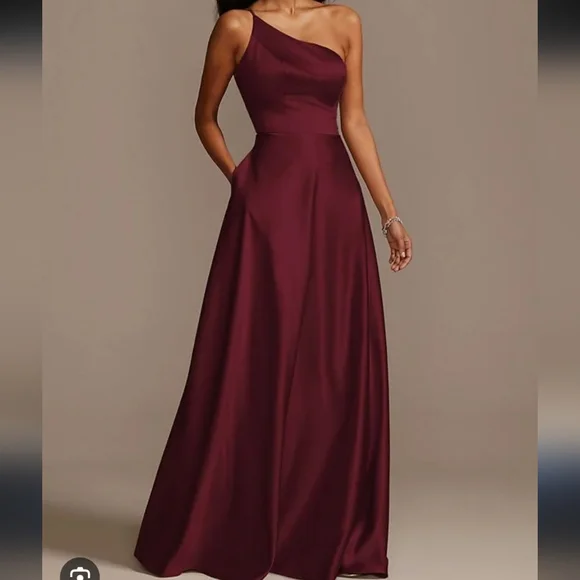 David's Bridal Wine One Shoulder Satin Dress Size 14 - Picture 1 of 7